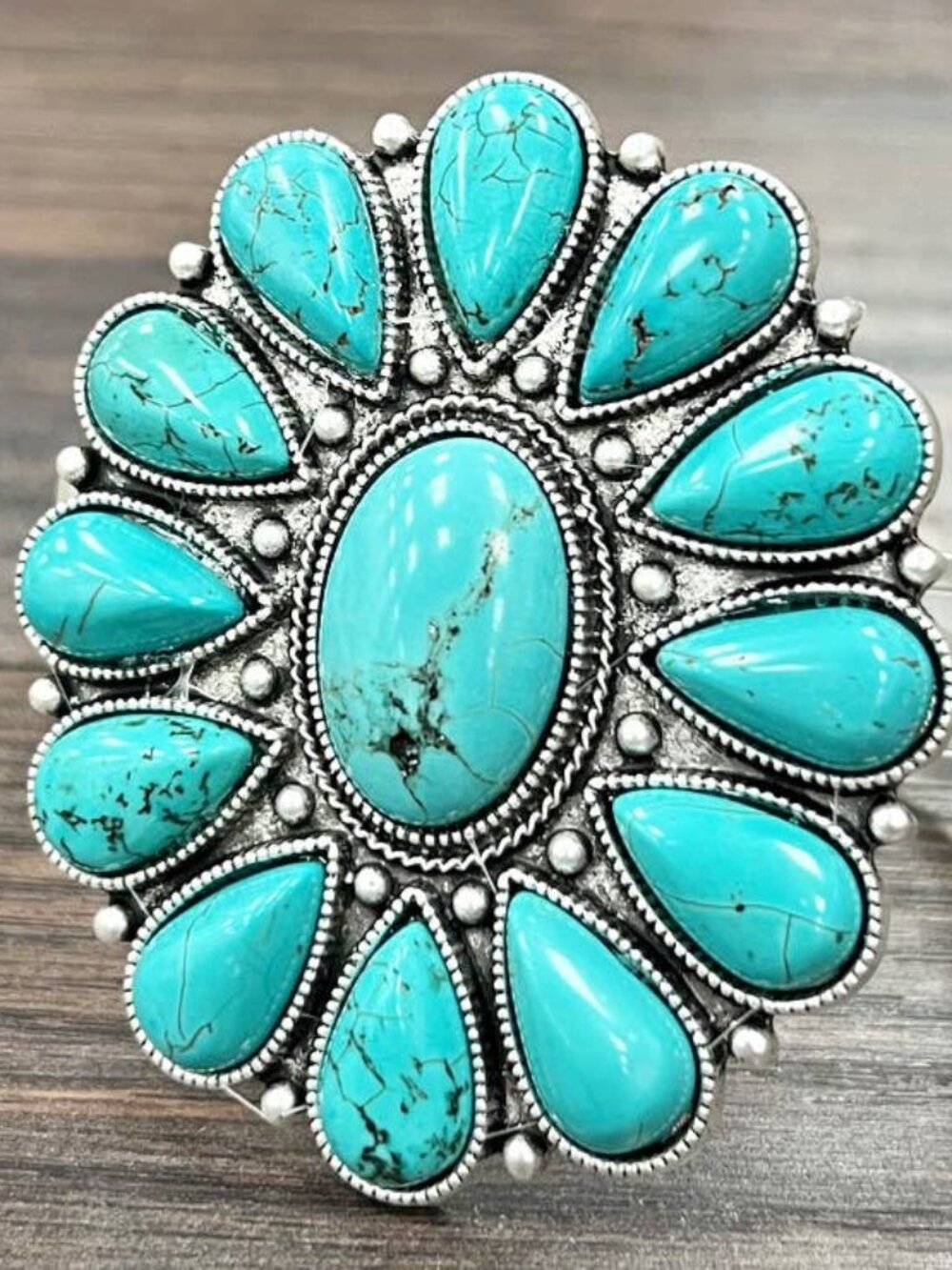 Turquoise Cluster Statement Cuff Bracelet Western Boho Silver Tone Wide